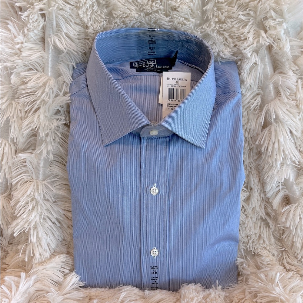 Polo Ralph Lauren Men's Custom Fit Blue/White Hairline Stripe Shirt 18/34-35